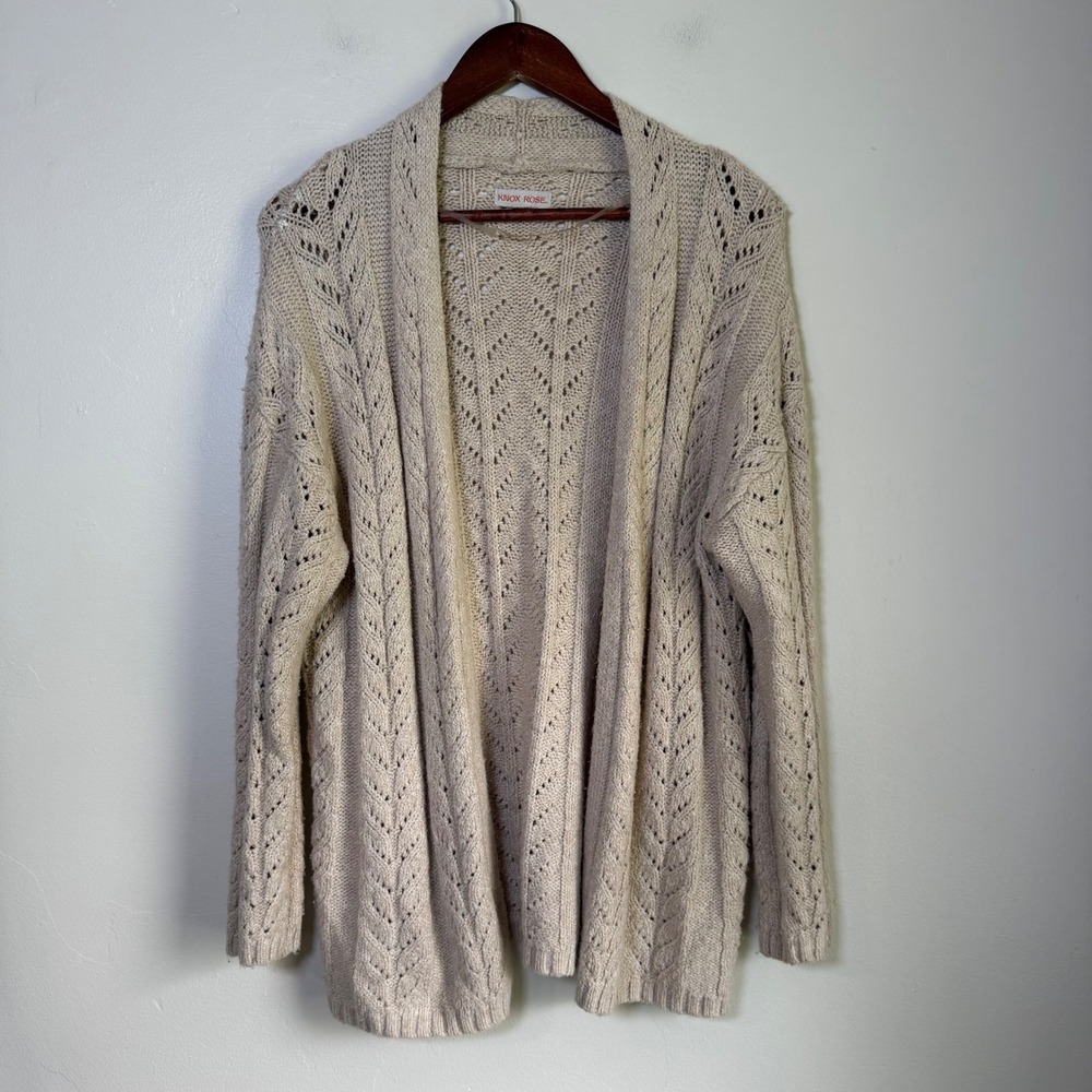 Knox Rose Pointelle Cable Knit Open Front Cardigan Size S Oatmeal Beige